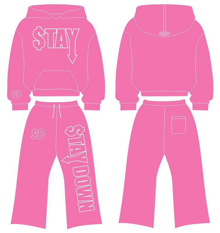 Pink STAYDOWN hoodie and pants set design mockup, front and back