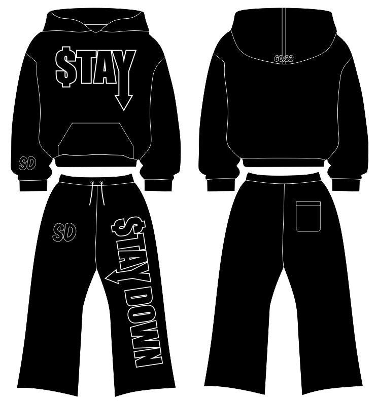 Blue STAYDOWN hoodie and pants set design mockup, front and back