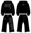 Blue STAYDOWN hoodie and pants set design mockup, front and back
