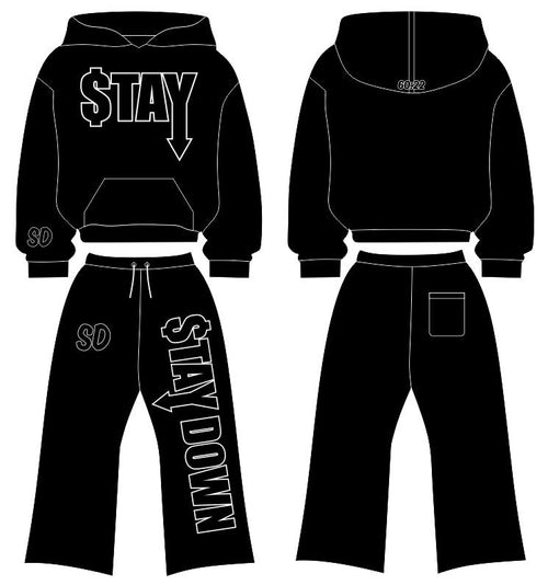 Blue STAYDOWN hoodie and pants set design mockup, front and back