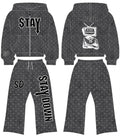 Red STAYDOWN rhinestone zip-up hoodie and pants set mockup, front and back