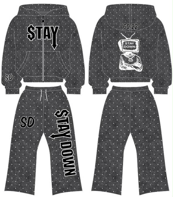 Red STAYDOWN rhinestone zip-up hoodie and pants set mockup, front and back