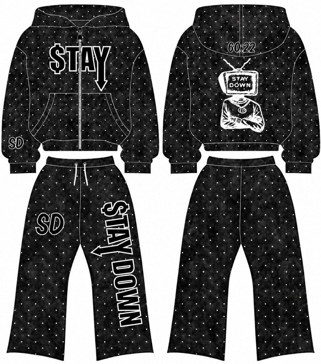 Blue STAYDOWN rhinestone zip-up hoodie and pants set mockup, front and back