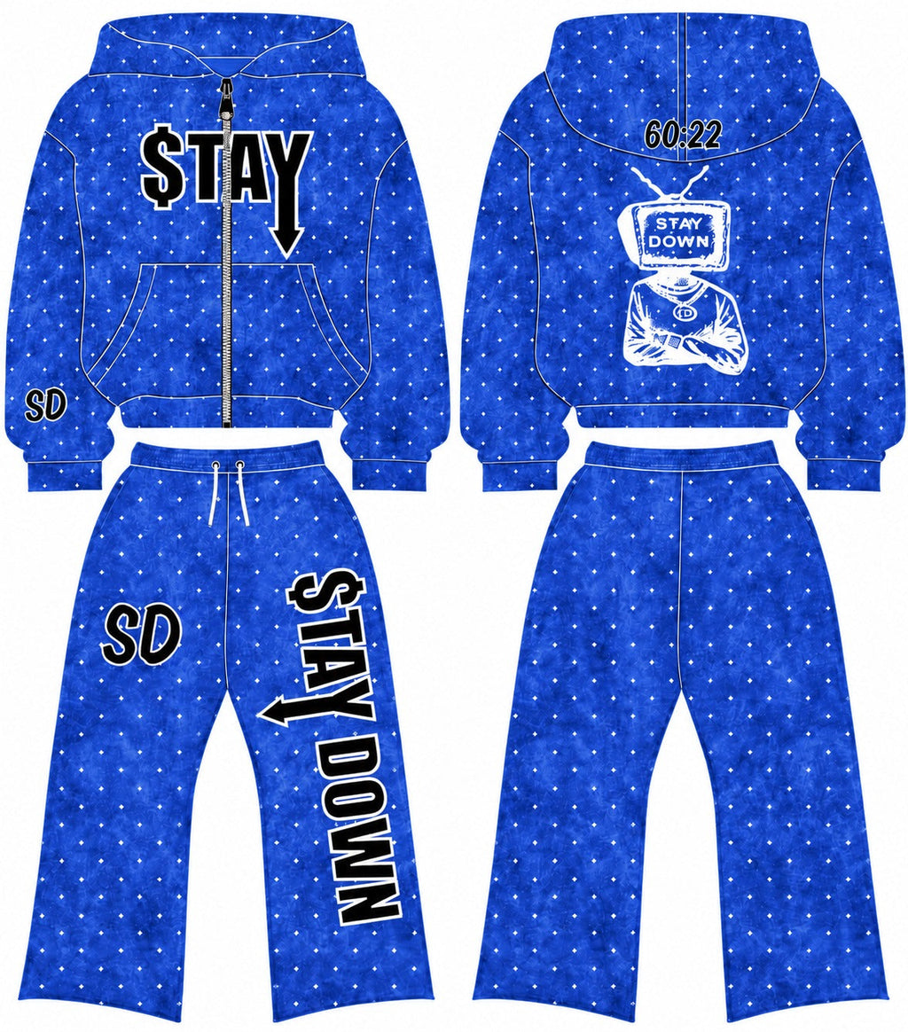 Pink STAYDOWN rhinestone zip-up hoodie and pants set mockup, front and back