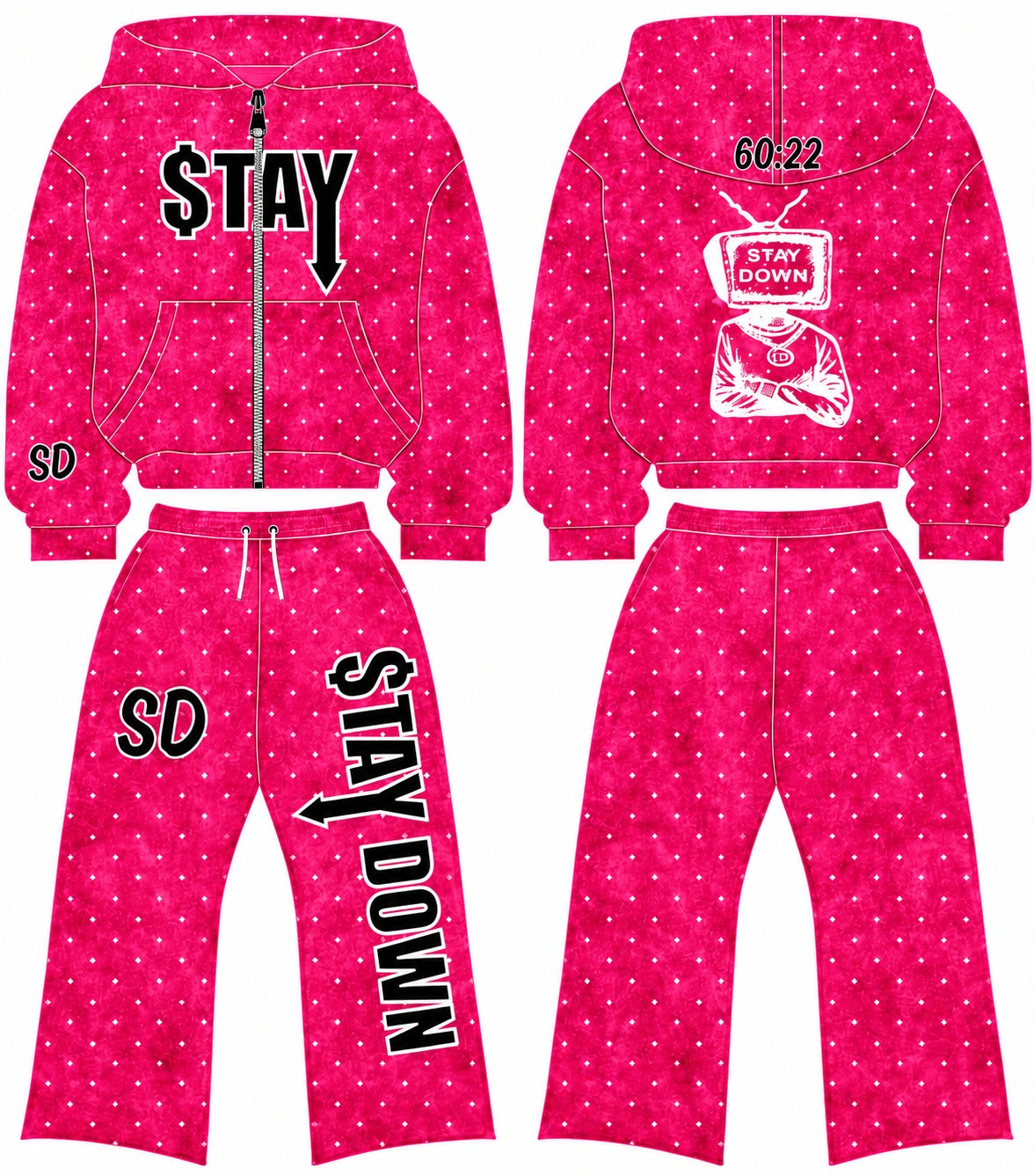 Black STAYDOWN rhinestone zip-up hoodie and pants set mockup, front and back