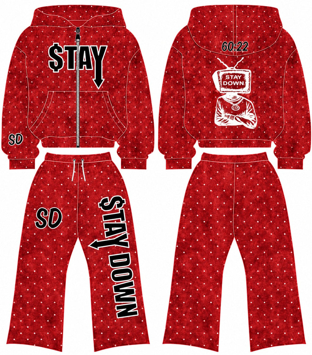 Gray STAYDOWN rhinestone zip-up hoodie and pants set mockup, front and back