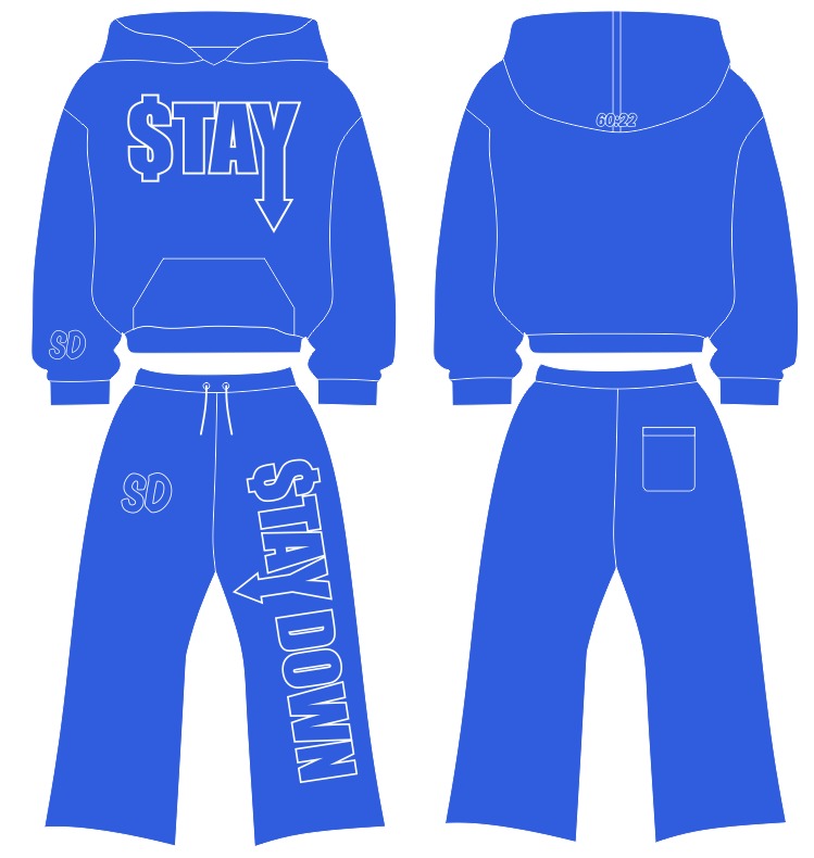 Black STAYDOWN hoodie and pants set design mockup, front and back