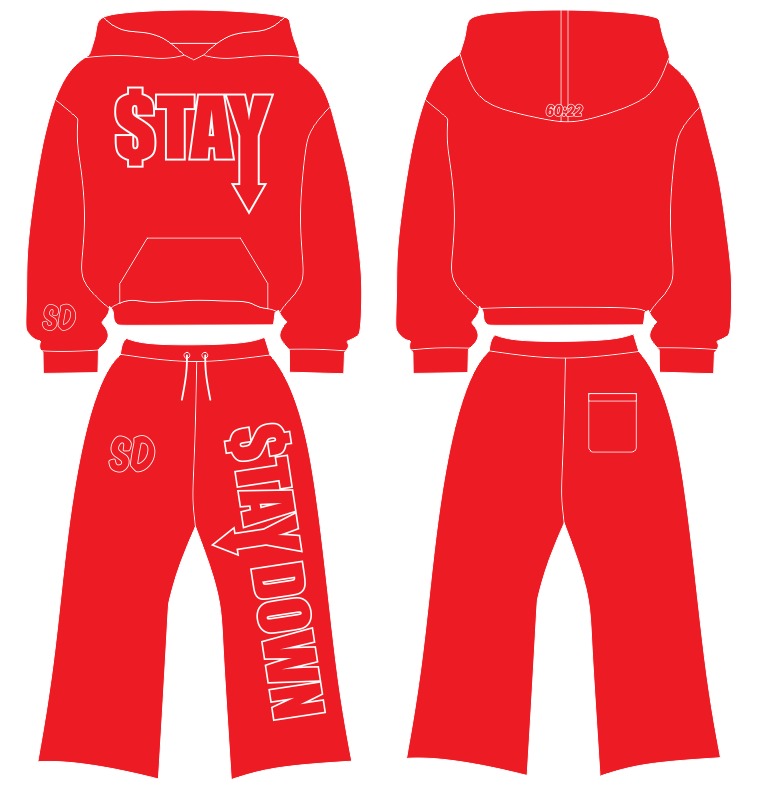 Red STAYDOWN hoodie and pants set design mockup, front and back